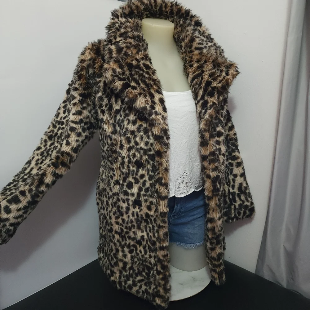 Aus12 Alice & You Faux Fur Leopard Print Collared Coat Jacket - Picture 9 of 16